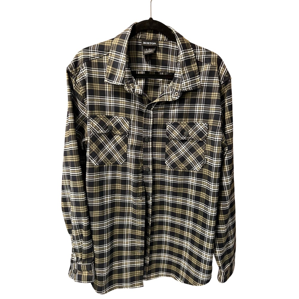 Burton Brighton Performance Flannel Shirt Mens Large Olive Black Plaid Snap Up